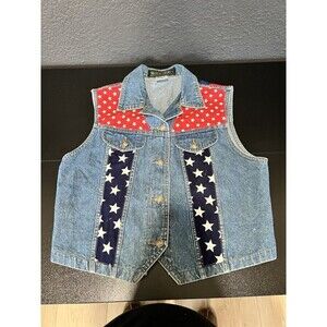 VTG Womens Denim Vest 90s Y2K American Flag Stars Stripes Size MEDIUM Logo Club